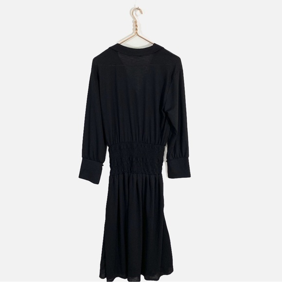Zara Small Black Smocked Waist Long Sleeve Collared Midi Dress - Picture 6 of 11